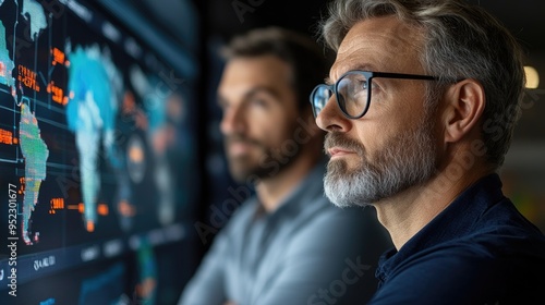 Focused Businessman Looking at a World Map on Screen with a Colleague