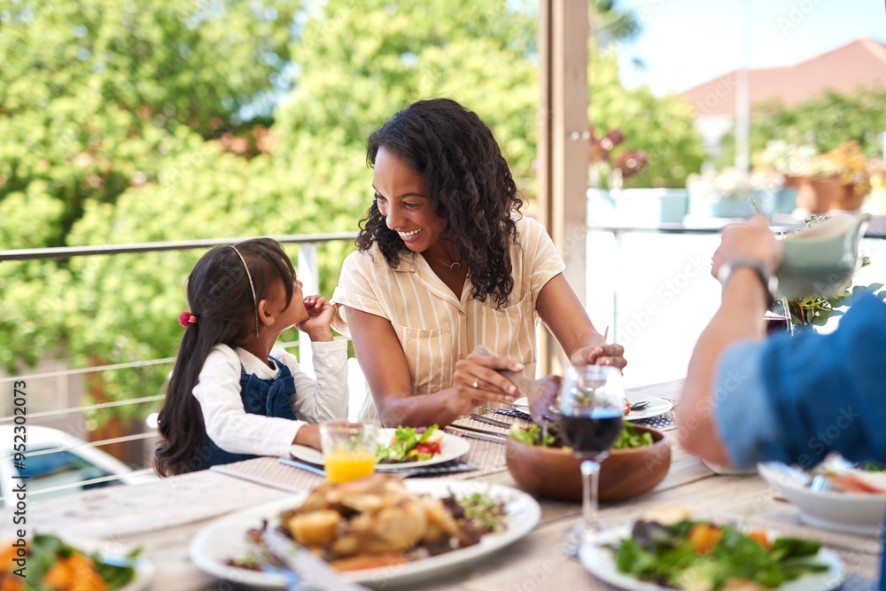 Mom, girl and happy by table for lunch with food for prepare feast, outdoor and together for festive holiday. Mother, daughter and home for thanksgiving celebration, tradition and laughing with love. Mom, girl and happy by table for lunch with food for prepare feast, outdoor and together for festive holiday. Mother, daughter and home for thanksgiving celebration, tradition and laughing with love.