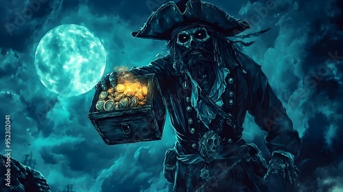 Ghostly Pirate Captain Emerging from the Depths with Glowing Treasure Chest photo