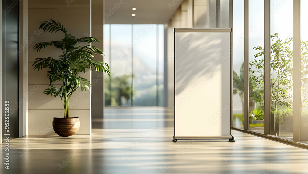 Obraz premium Bright modern hallway with a white board, natural light, and a potted plant, creating a serene and productive atmosphere.
