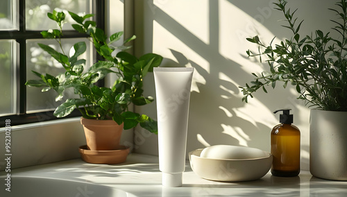 A serene bathroom scene with natural light featuring plants, skincare products, and elegant decor for a tranquil vibe.