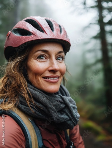 Active smiling woman wearing a pink helmet outdoors