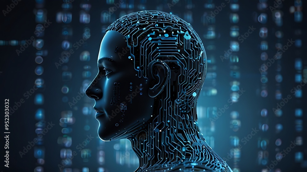 circuit board pattern robotics head representing artificial intelligence digital blue background circuit board pattern robotics head representing artificial intelligence digital blue background