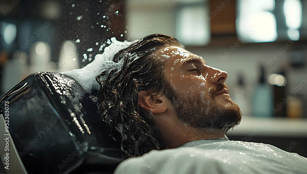 A serene moment of a man receiving a relaxing hair wash at a modern salon, surrounded by soft light and soothing ambiance. A serene moment of a man receiving a relaxing hair wash at a modern salon, surrounded by soft light and soothing ambiance.