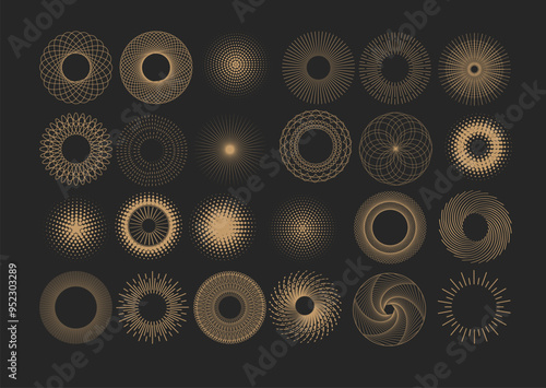 Pattern Art Deco. Line circles. Round ornament. Logo design. Abstract geometric frame. Gold concentric sign. Decor background. Sun illusion. Dotted halftone. Modern geometry elements. Vector icons set