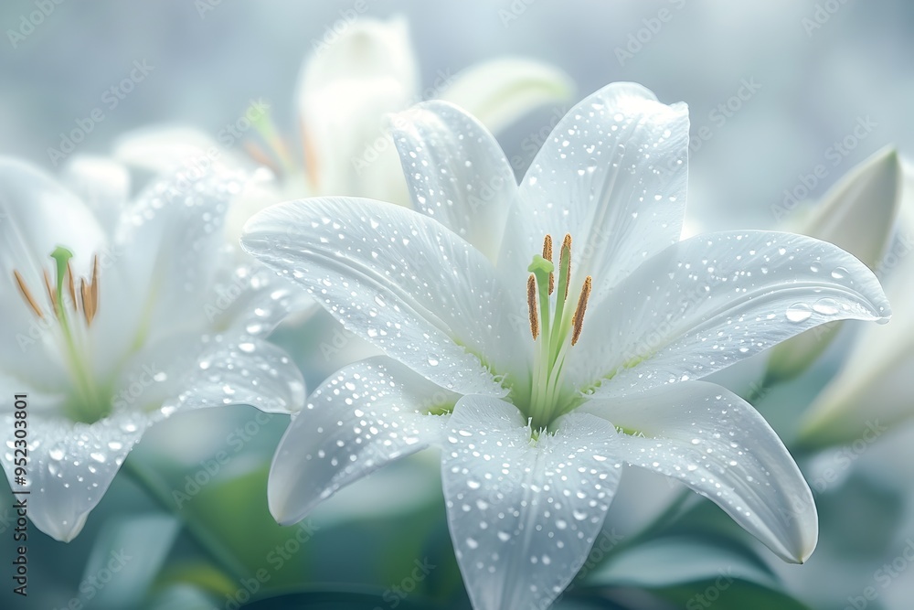 Fototapeta premium Enchanting White Lilies with Gentle Raindrops against Blurred Background