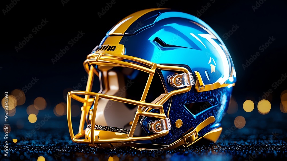 Close-up of a vibrant blue and gold football helmet, showcasing its sleek design and reflective surface in an artistic setting. Close-up of a vibrant blue and gold football helmet, showcasing its sleek design and reflective surface in an artistic setting.