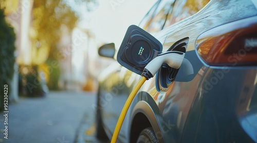 Closeup of an electric car charging with a focus on the charging connector and battery status