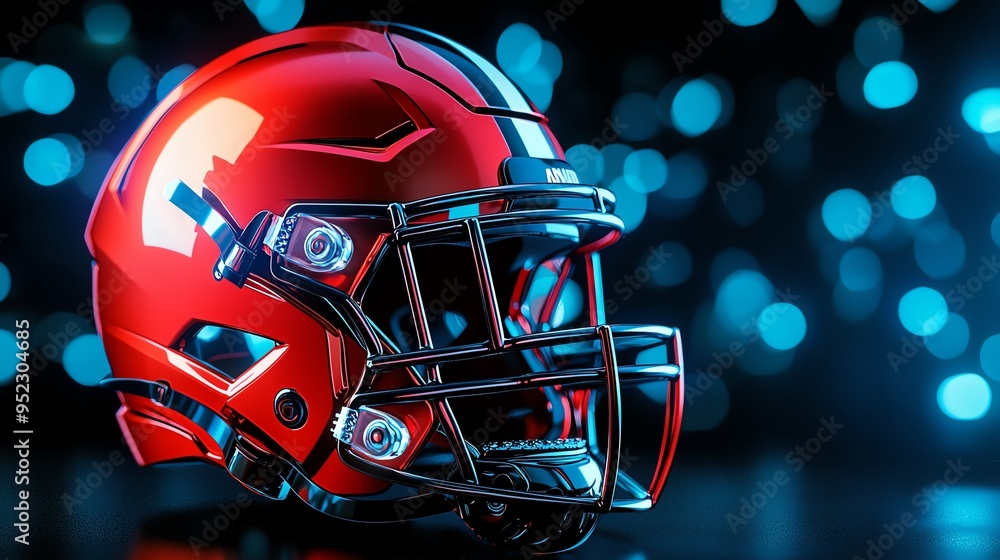 A vibrant red football helmet with modern design, highlighted against a blurred blue background, ideal for sports imagery. A vibrant red football helmet with modern design, highlighted against a blurred blue background, ideal for sports imagery.