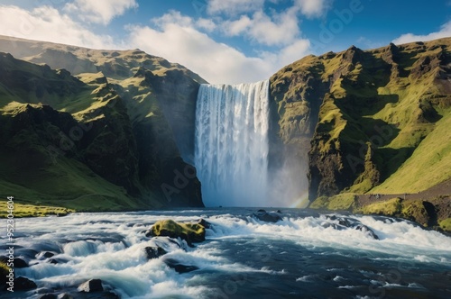 Powerful waterfall in lush icelandic landscape