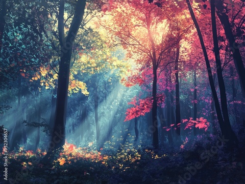 Enchanting Autumn Forest with Sunlight Filtering Through Colorful Foliage