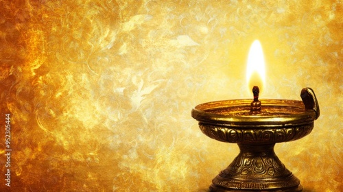 Single Oil Lamp Illuminated Against a Rich Golden Ornate Background, Evoking Traditional Decor and Spiritual Light. Cultural Heritage and Religious Symbolism in a Festival of Lights Setting. photo