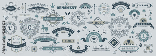 Ornament label, curve ribbon with copy space. Design element frame, retro logo, decoration shape, elegant banner decoration. Sign, filigree badge, classic ornate flourish, text old. Vector border set