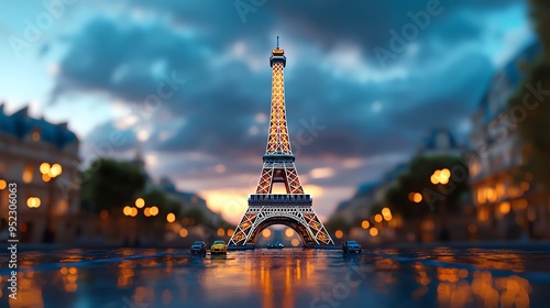 A stunning close-up of a replica Eiffel Tower illuminated against a vibrant Parisian backdrop during twilight. photo