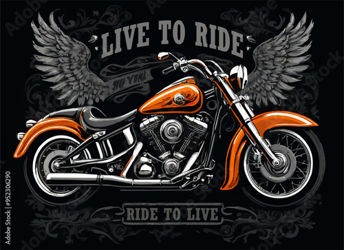 Vector t-shirt design with biker motorcycle, wings
 on black background.
Fashionable print for fabric, men clothing,
hoodie, biker jacket. T shirt template with lettering
Live to ride, ride to live.