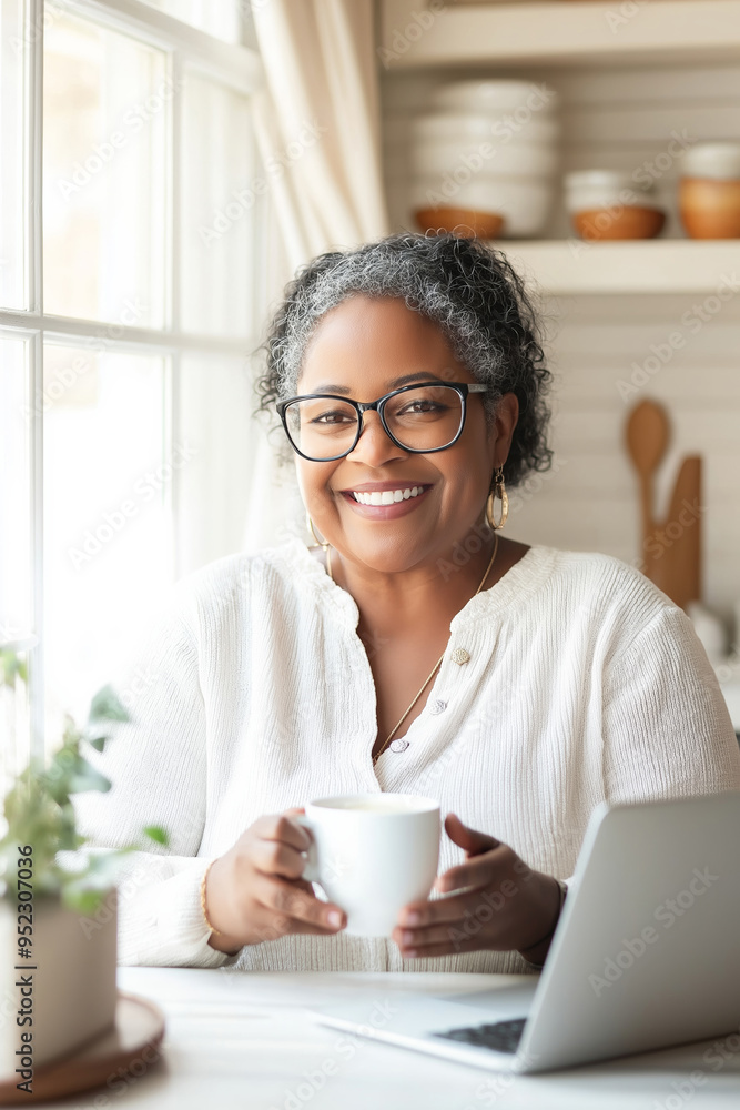 A woman in glasses is smiling and holding a cup of coffee. She is sitting at a table with a laptop and a potted plant in the background. Concept of relaxation and comfort A woman in glasses is smiling and holding a cup of coffee. She is sitting at a table with a laptop and a potted plant in the background. Concept of relaxation and comfort