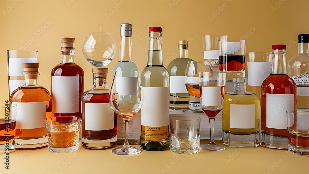 A variety of alcoholic drinks on yellow background A variety of alcoholic drinks on yellow background