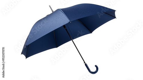 Blue umbrella open with raindrops isolated on transparent background