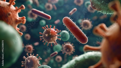Microscopic image of different infectious cells, featuring various bacteria and viruses with space for text overlay.