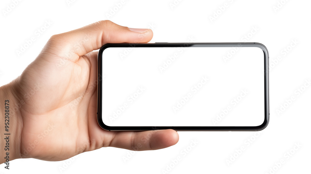 Hand holding smartphone with blank screen isolated on transparent background
Hand holding smartphone with blank screen isolated on transparent background