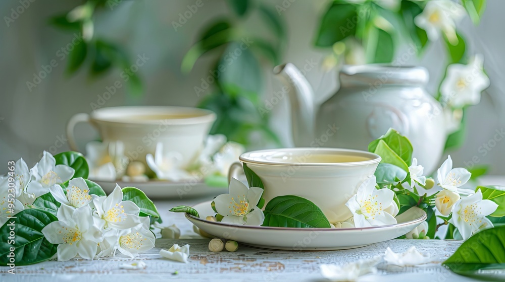 Fresh jasmine flowers decorating a plate with jasmine green tea cups on a white background Fresh jasmine flowers decorating a plate with jasmine green tea cups on a white background