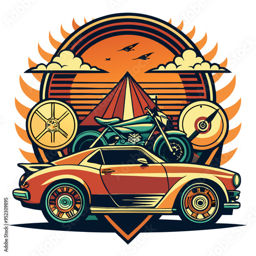 Retro Vintage Car and Motorcycle Vector: Bold T-Shirt Design with Pyramid and Sunset