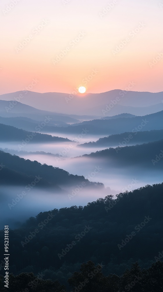 Sunrise Over Misty Mountain Range. Beautiful Landscape Shot Sun Rising Mist Mountains. Sunrise Over Misty Mountain Range. Beautiful Landscape Shot Sun Rising Mist Mountains.