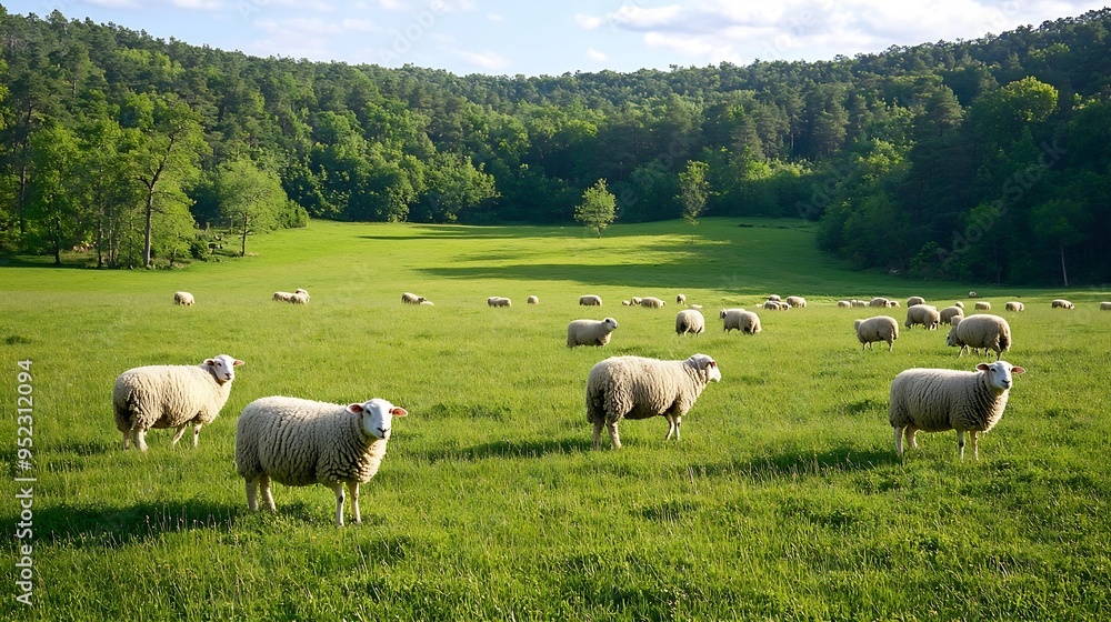 Green pastures with grazing sheeps in Perigord Limousin Regional Natural Park Dordogne France in spring nature landscape : Generative AI Green pastures with grazing sheeps in Perigord Limousin Regional Natural Park Dordogne France in spring nature landscape : Generative AI