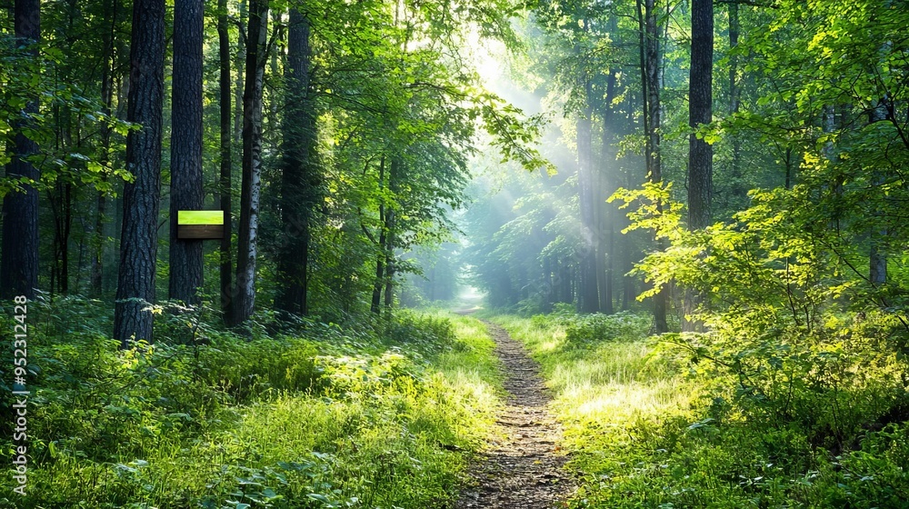 Obraz premium Misty forest trail at dawn, light fog swirling through trees, soft sunlight breaking through foliage