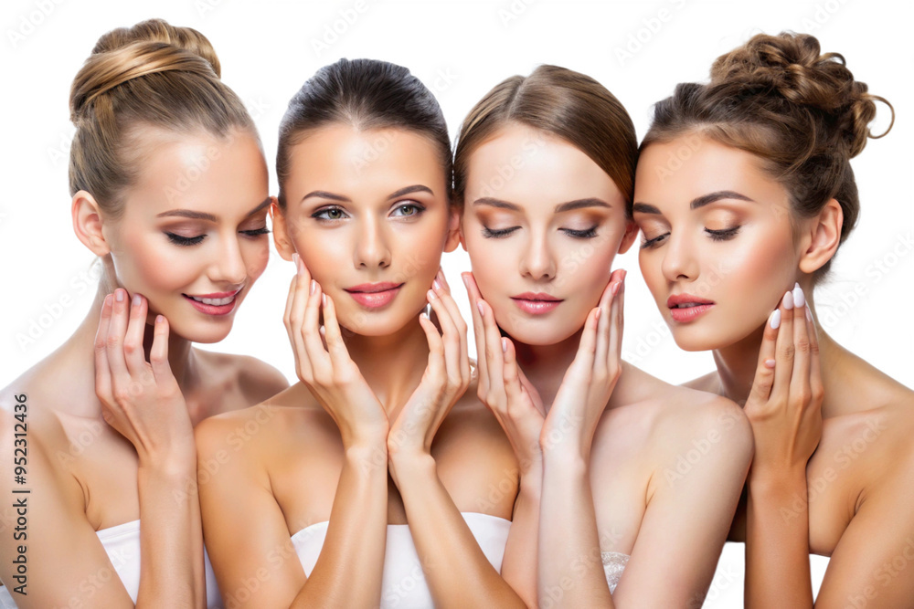 Young women touching skin for skin care and smiling, radiance and care, isolated on a white background Young women touching skin for skin care and smiling, radiance and care, isolated on a white background
