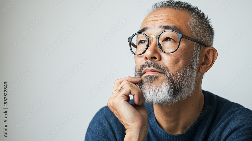 白背景で眼鏡を持ち考える中年男性 白背景で眼鏡を持ち考える中年男性