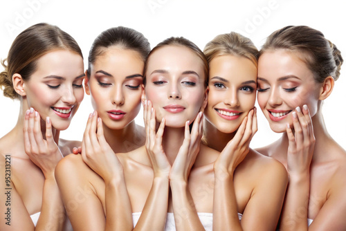 Young women touching skin for skin care and smiling, radiance and care, isolated on a white background photo