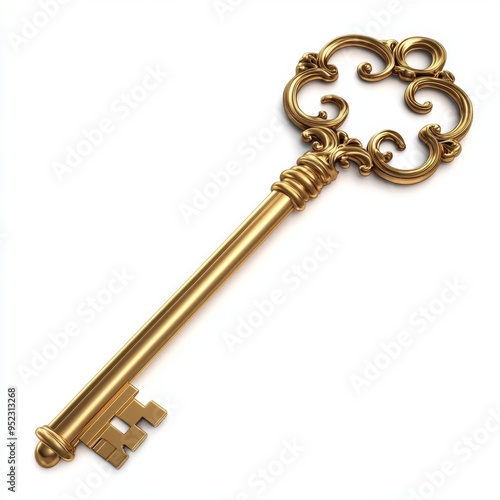 Golden Key to Success: An ornate, antique-style golden key lies isolated on white, representing opportunity, wealth, and mystery.