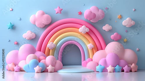 Pastel rainbow arch with clouds and stars on light blue background.