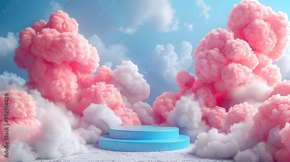 Blue podium in a surreal landscape with pink and white clouds. Blue podium in a surreal landscape with pink and white clouds.