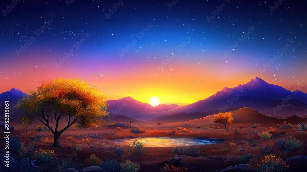 Naklejka premium Desert oasis at dusk, glowing water reflection