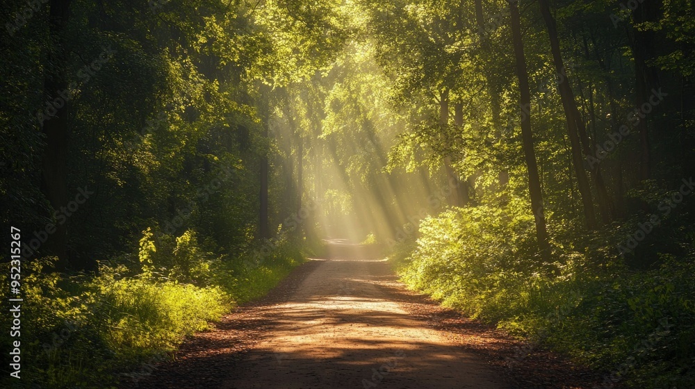 Obraz premium A bike trail through a forest, with sunlight filtering through the trees, perfect for text overlay.