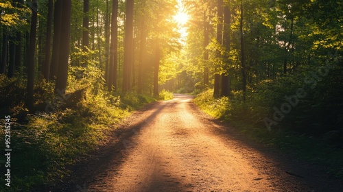 A bike trail through a forest, with sunlight filtering through the trees, perfect for text overlay.