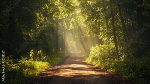 A bike trail through a forest  with sunlight filtering through the trees  perfect for text overlay.