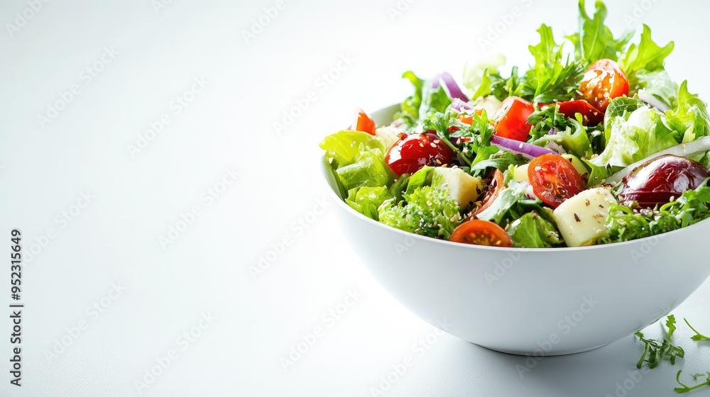 A bowl of fresh salad with greens and vegetables, with space for text on a clean background. A bowl of fresh salad with greens and vegetables, with space for text on a clean background.