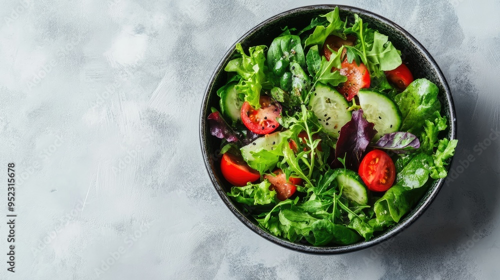 A bowl of fresh salad with greens and vegetables, with space for text on a clean background. A bowl of fresh salad with greens and vegetables, with space for text on a clean background.