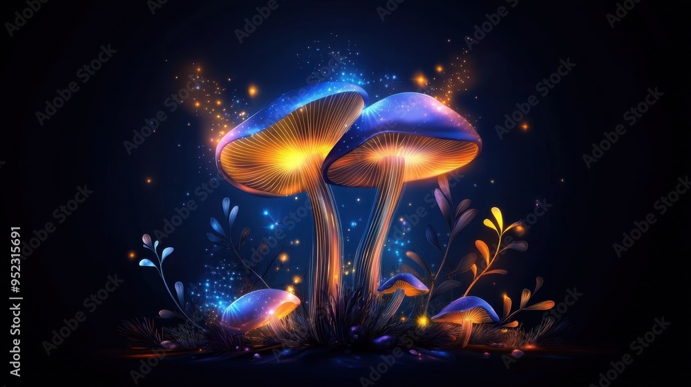 Enchanted garden, glowing mushrooms and flowers Enchanted garden, glowing mushrooms and flowers