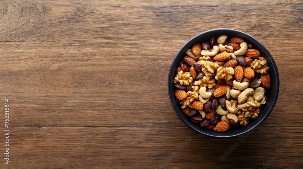A bowl of mixed nuts and seeds on a wooden surface, with space for text above. No people. A bowl of mixed nuts and seeds on a wooden surface, with space for text above. No people.