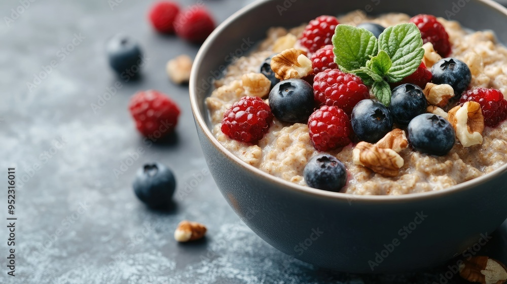 A bowl of oatmeal topped with fresh berries and nuts, with space for text on the side. No people. A bowl of oatmeal topped with fresh berries and nuts, with space for text on the side. No people.