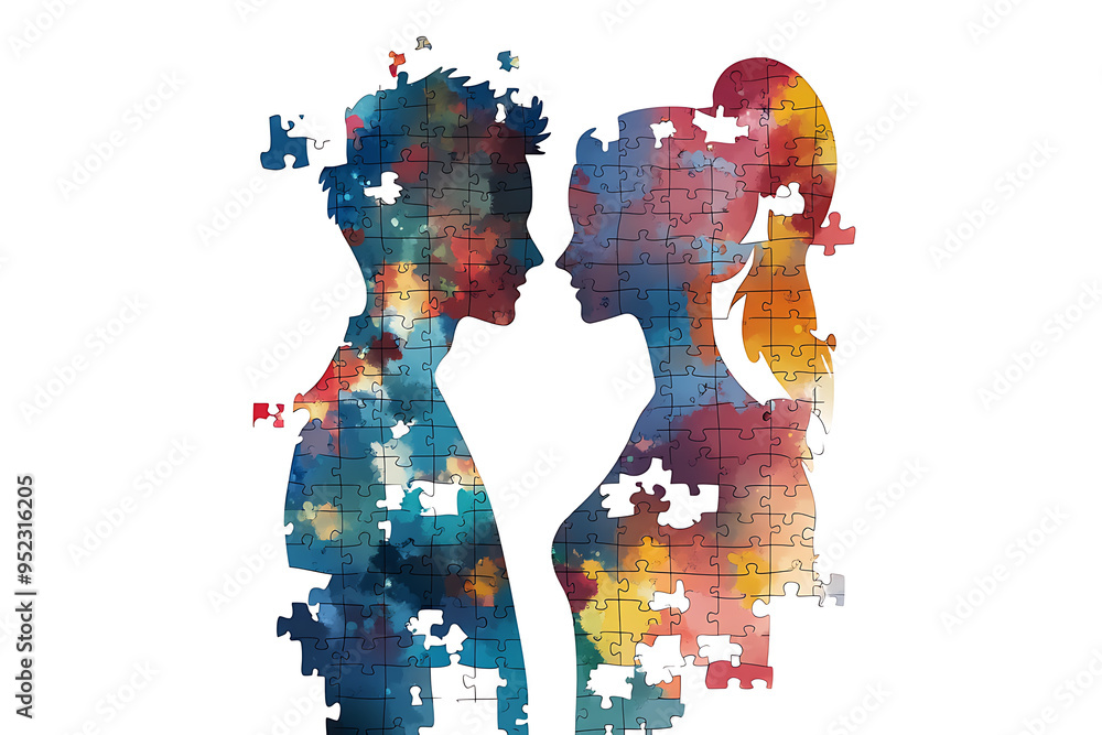 An isolated image of a couple puzzle, symbolizing connection and relationships, with two pieces fitting together perfectly An isolated image of a couple puzzle, symbolizing connection and relationships, with two pieces fitting together perfectly