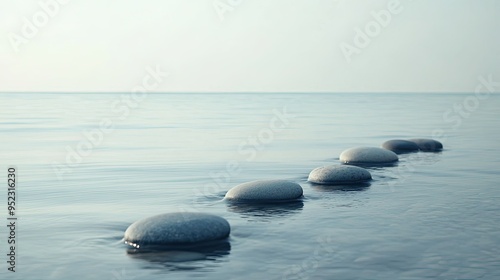 A calm ocean view with smooth stones arranged in a zen-like pattern on the shore. Space for text.