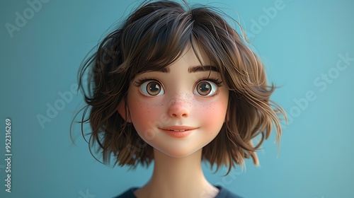 A close-up portrait of a young woman with short brown hair, big brown eyes, and a friendly smile. Her face is rendered in a cartoonish style with realistic details.