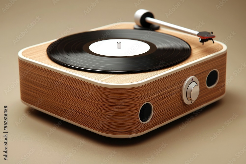 Fototapeta premium Wooden Turntable with Black Vinyl Record and Silver Tonearm