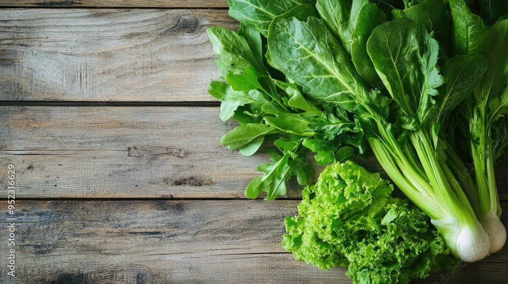A close-up of fresh green vegetables on a rustic wooden surface, with room for text. No people. A close-up of fresh green vegetables on a rustic wooden surface, with room for text. No people.