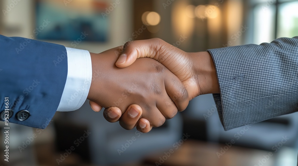Close-up of a handshake between two business professionals over a polished wooden table in a modern office setting Close-up of a handshake between two business professionals over a polished wooden table in a modern office setting